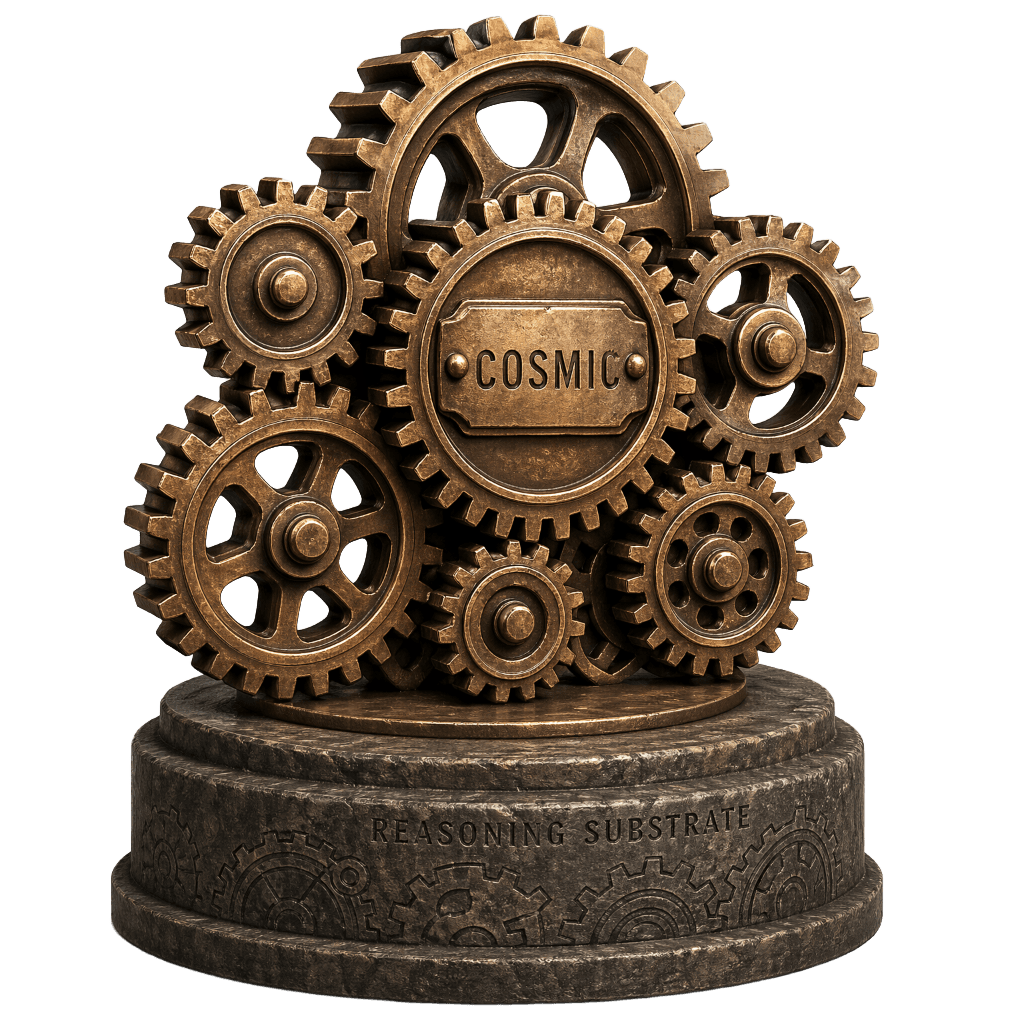 COSMIC represented as interlocking sculptural gears on a stone pedestal