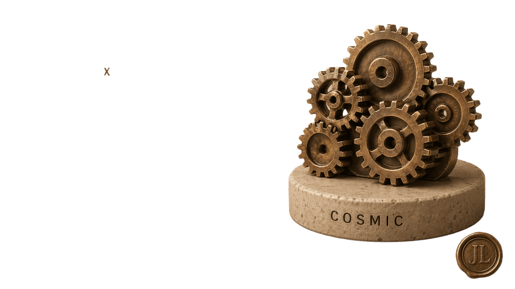 Five division artifacts on a circular stone pedestal with COSMIC at center